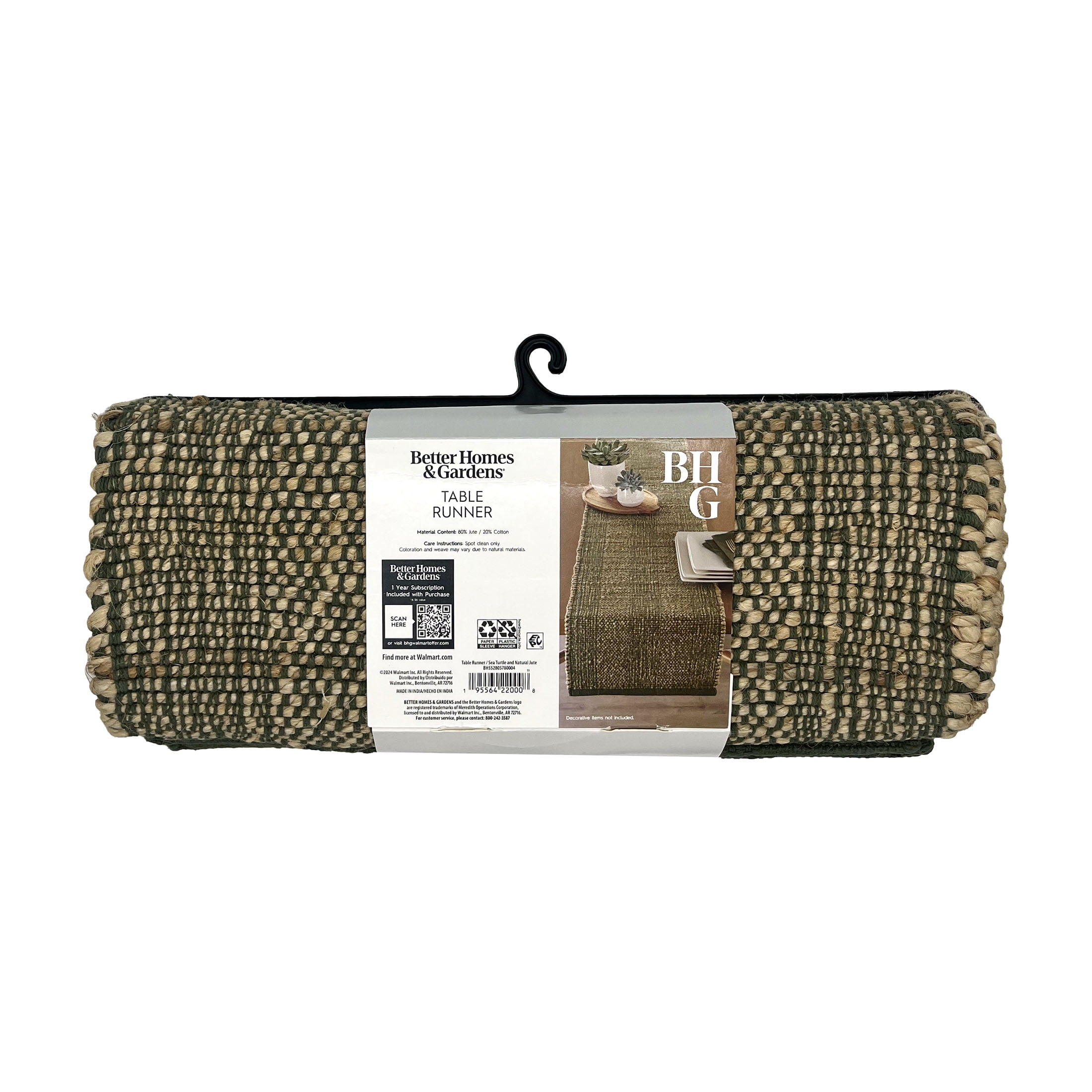 Better Homes & Gardens Jordan Jute Table Runner, Natural, Green, 14"W x 90"L