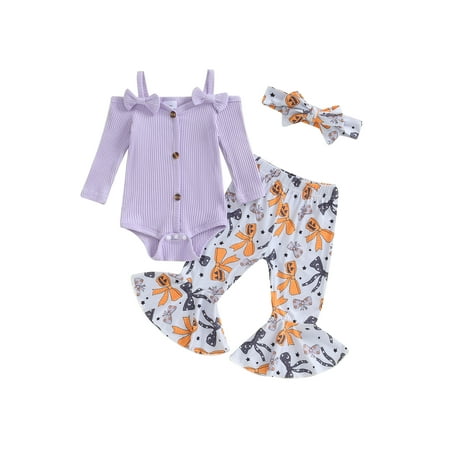 

Jaweiwi 3-Pieces Baby Girls Halloween Set Long Sleeve Boat Neck Bow Cami Romper Witch Pumpkin Print Flare Pants Hair Band Outfits