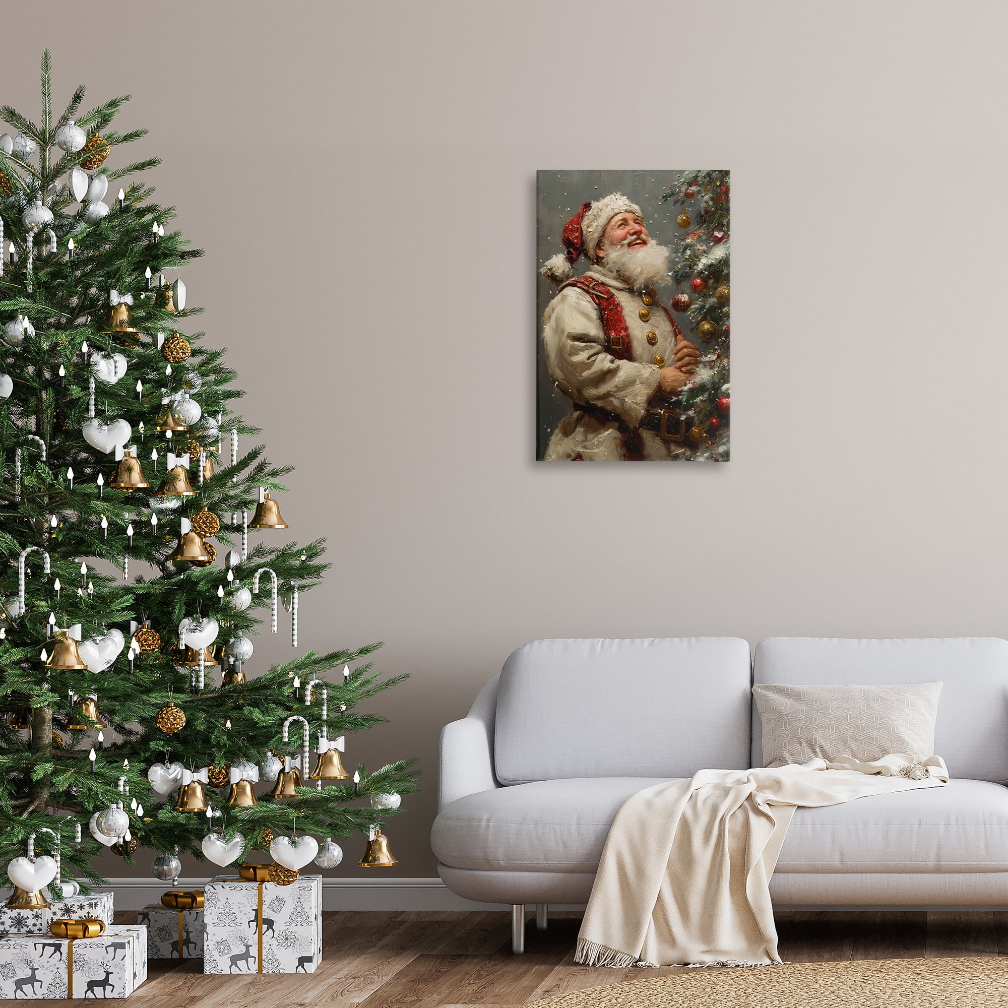 Stupell Industries Happy Santa & Tree Holiday Painting Gallery Wrapped Canvas Art Print Wall Art, 20 x 30
