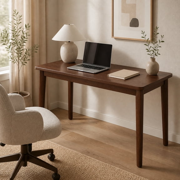 SOLTERIELLE 55-Inch Solid Wood Writing Desk, Walnut Brown, Modern Home Office Desk