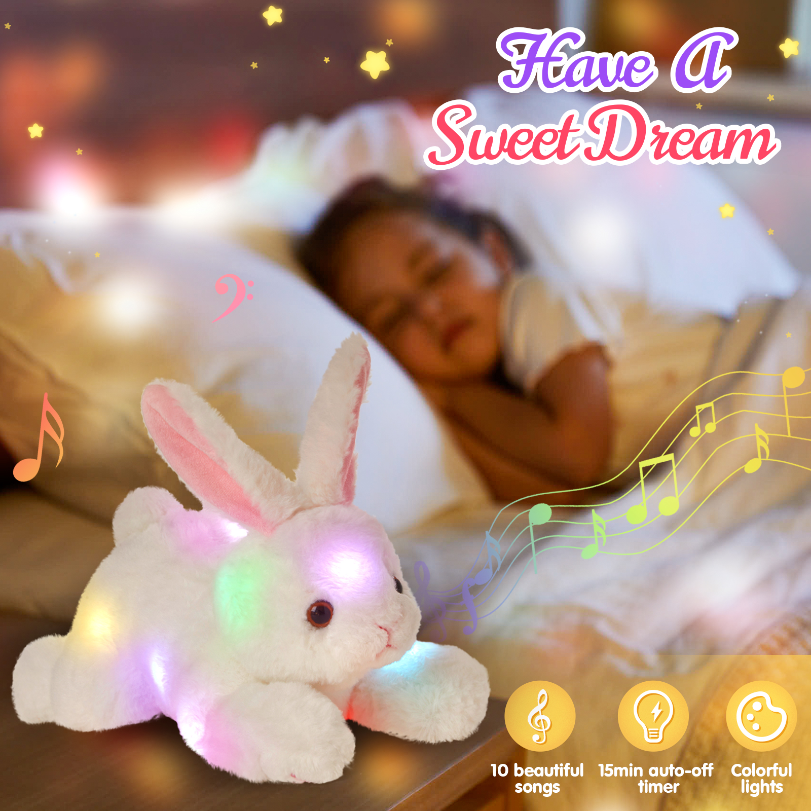 SpecialYouGlowing Music Party Plush Rabbit Toy, LED Night Light Singing Soothing Music Plush Rabbit Toy, Suitable for Toddlers and Children's Christmas Birthday Gifts