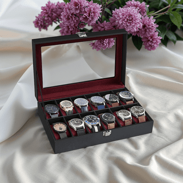 LEDREM 12-Slot Deluxe Watch Display Case with Glass Top, Removable Pillows & PU Leather, Watch Organizer Gift Box, Black and Gray