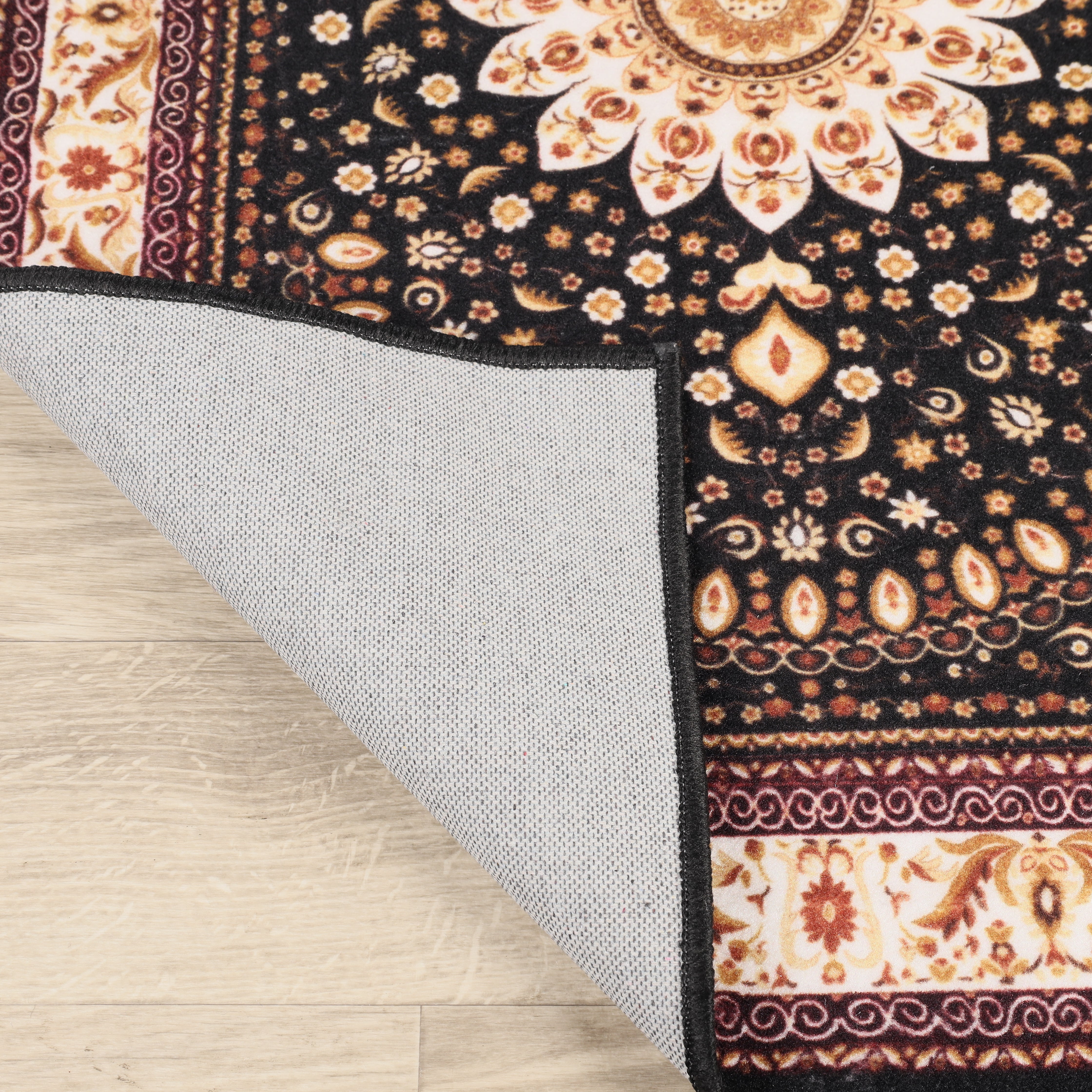 Superior Milan Floral Medallion Washable Indoor Area Rug, 10' x 14', Black - Ivory