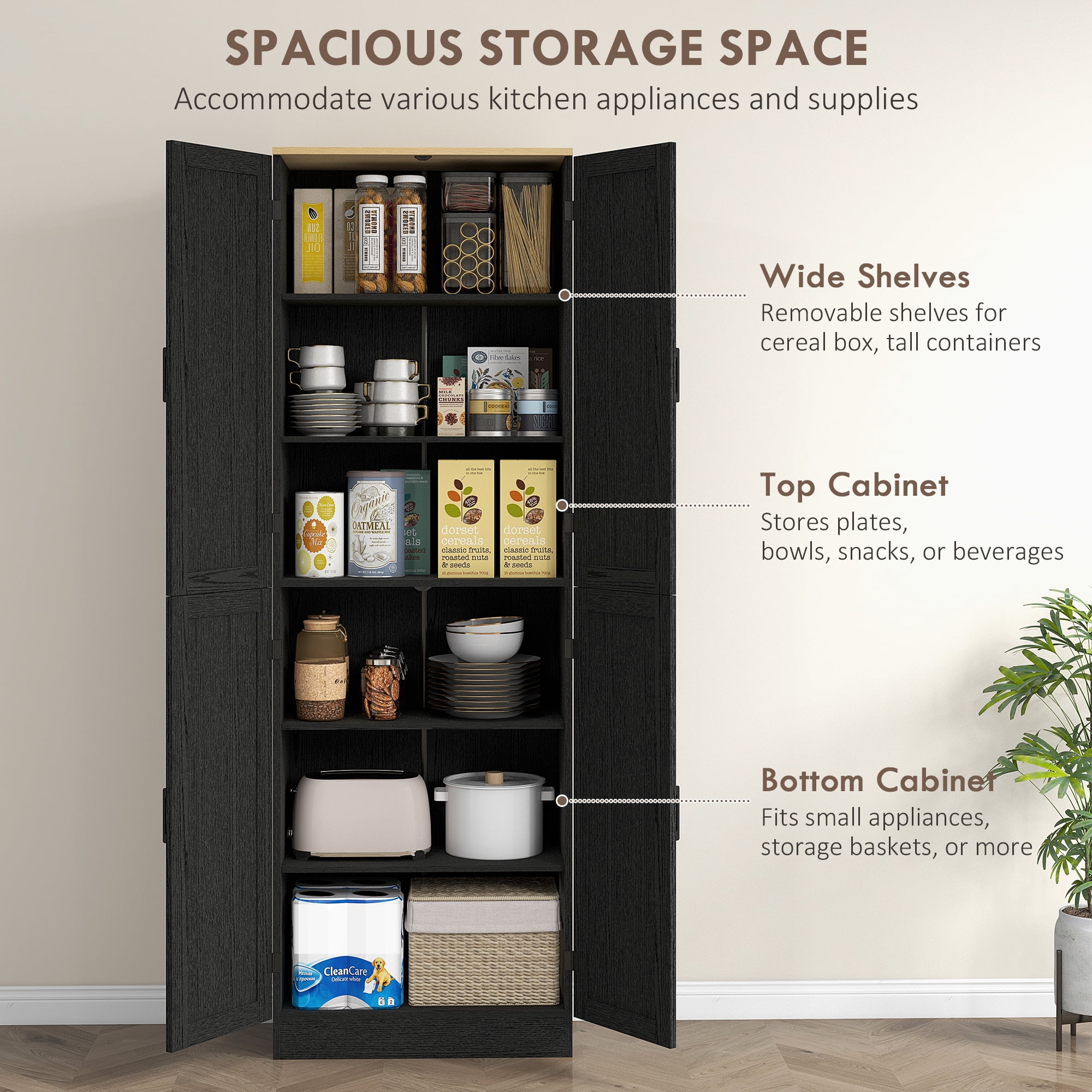 HOMCOM 67" Kitchen Pantry Storage Cabinet w/ Shelves, Distressed Black
