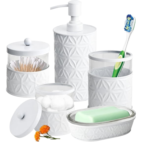 5-Piece  White Bathroom Accessory Set Soap Dispenser & Dish, Toothbrush Holder, 2 Storage qtip Jars