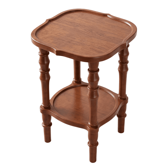 NKGIAG Solid Wood End Table, Vintage Side Table with Scalloped Top & 2-Tier Storage Shelf, Walnut