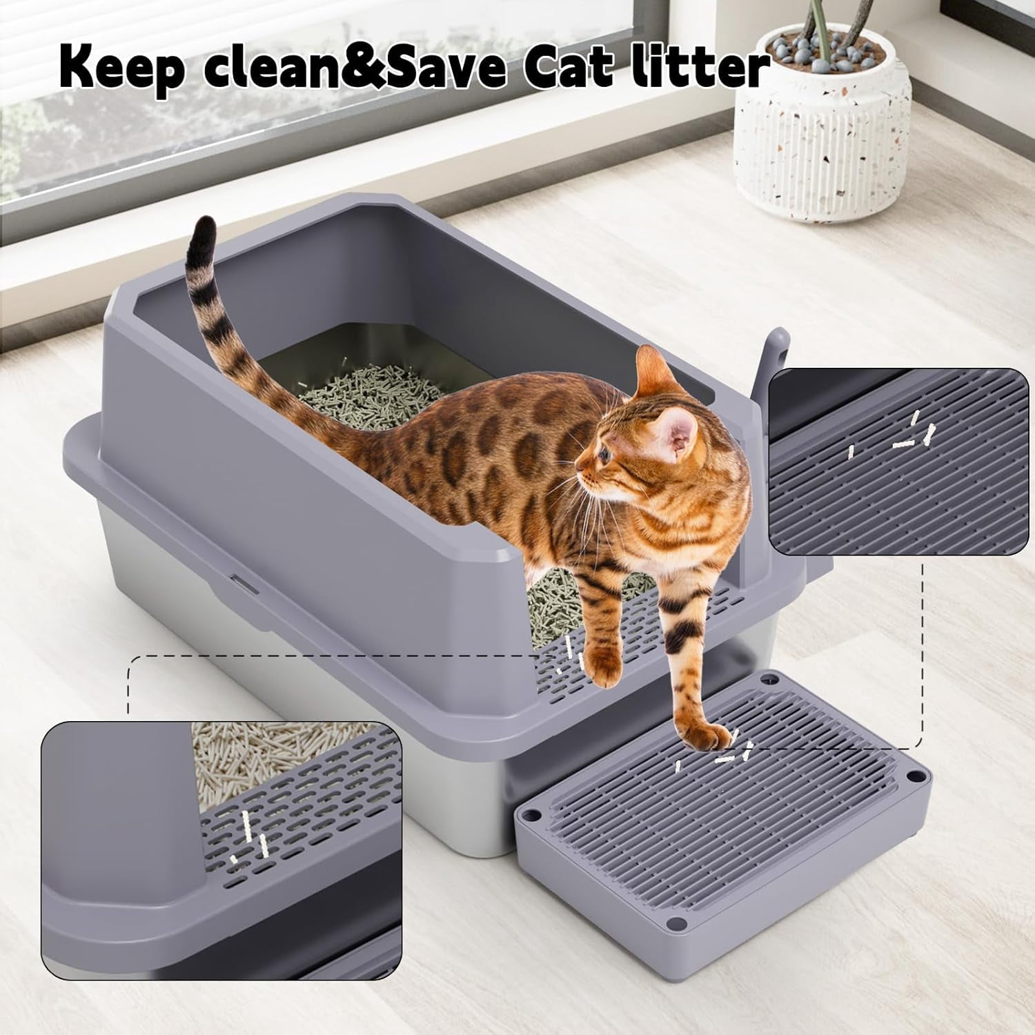Open Cat Litter Box: Large Gray Stainless Steel Litter Pan 23.8" x 15.9" x 12.4" - High Sided Splash-Proof Easy Clean Toilet for Cats up to 20 lbs - Ideal for - Laundry Areas - Apartments