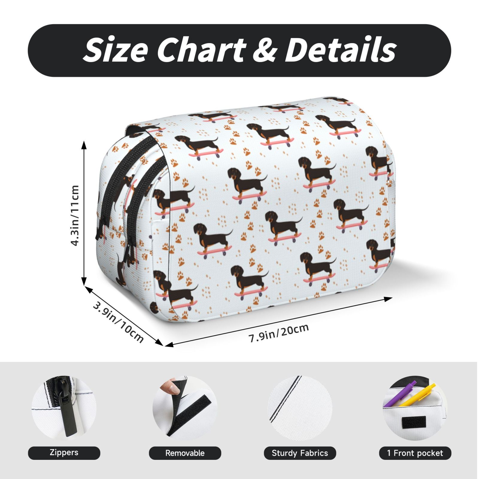 Rateoe Dachshund On A Skateboard Pattern Double Clamshell Pen Case, Storage Organizer with Two Zipper Compartments– Holds Up to 50 Pencils & Pens