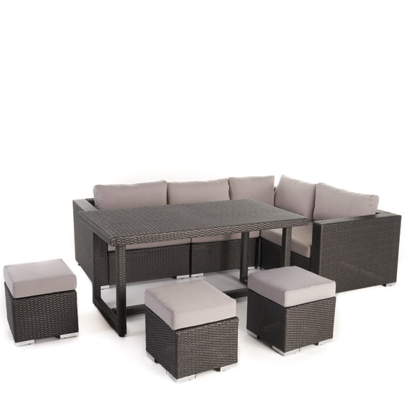 GDF Studio Santa Rosa Outdoor 7 Seater Grey Dining Sofa Set with Water Resistant Cushions