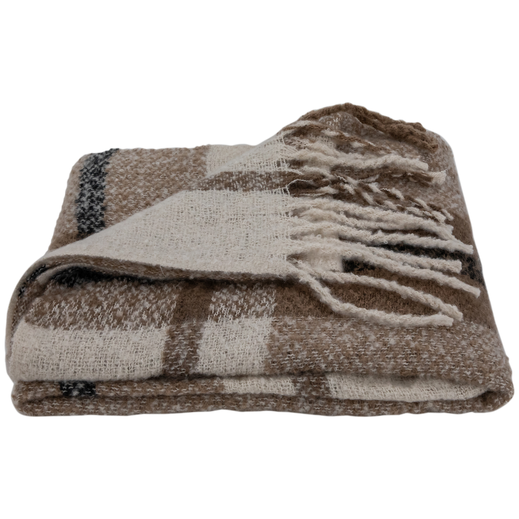 Taupe Plaid Woven Throw Blanket with Fringe 50" x 60"