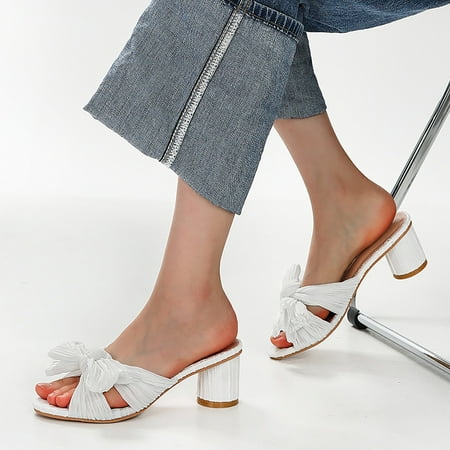 

XIAQUJ Women s Summer Thick Heel Satin Bow Round Head Strapless Sandals Sandals for Women White 8.5(41)