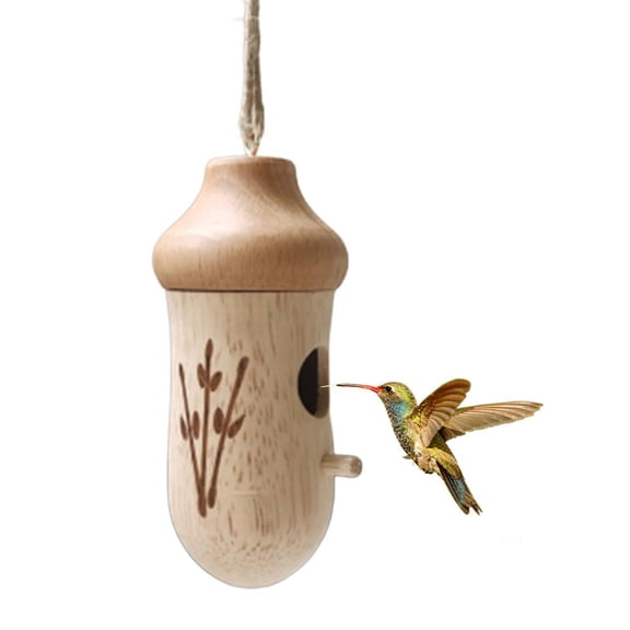 Wooden Hummingbird House for Outdoor Hanging, Natural Pine Bird Nest with Perch for Garden Decor
