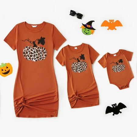 

PatPat Halloween Mommy and Me Matching Dress Leopard Pumpkin Print Midi Dress Short Sleeve Twist Knot Bodycon T-shirt Dress