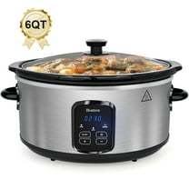 Bluebow 6QT Slow Cooker, Stoneware Crock with Removable Pot, 3 Heat Settings, Non-Stick & Auto Keep Warm, Stainless Steel