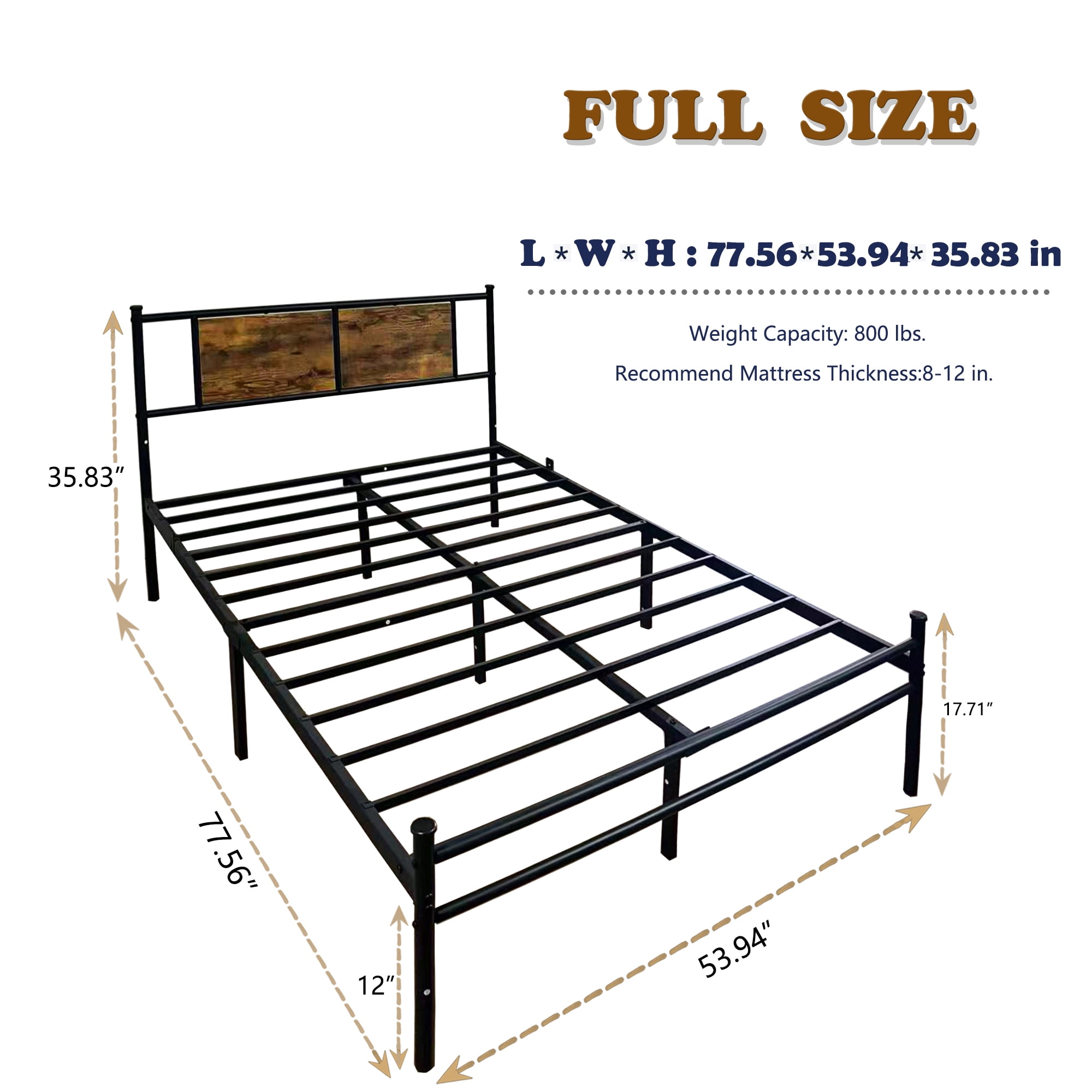 Full Size Bed Frame with Headboard, Metal Platform Bed Frame with Metal Slats Support, Easy Assembly, Black