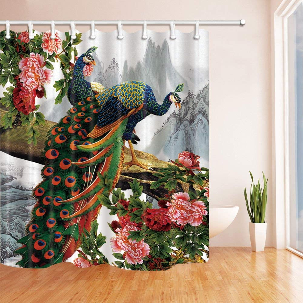 BPBOP Birds Decor Elegant Peacock in Peony Flower Polyester Fabric