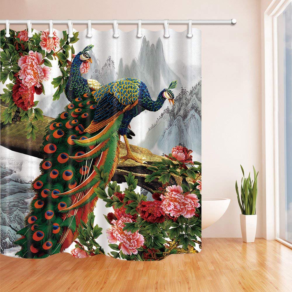 BPBOP Birds Decor Elegant Peacock in Peony Flower Polyester Fabric ...