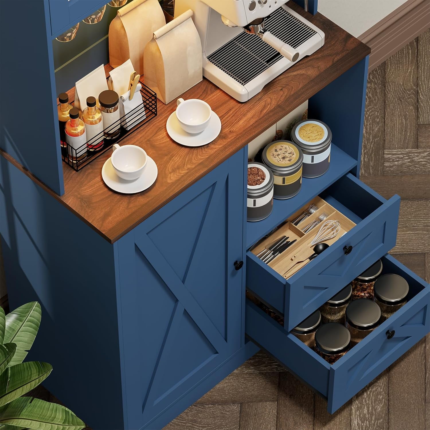 Timagebreze 71 Inch Farmhouse Pantry with LED Lighting & Electrical Outlet, Tall Kitchen Cabinet with Microwave Stand,Blue