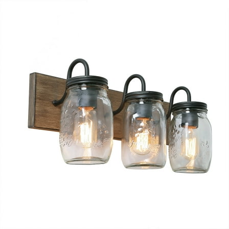 LNC 3-Light Farmhouse Brown Wood and Black with Maison Jar Shade Vanity Light for Bathroom