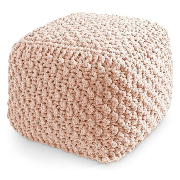 Square Pouf Ottoman, Light Pink 18.5" W x 18.5" D x 14.5" H Cotton Knit Foot Stool - Boho Floor Pouffe for Living Room, Bedroom, Home Office