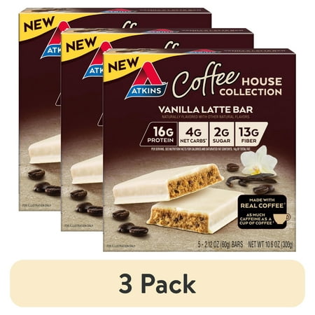 (3 pack) Atkins Protein-Rich Meal Bar, Coffee House Vanilla Latte Bar, Keto Friendly, 5 Count