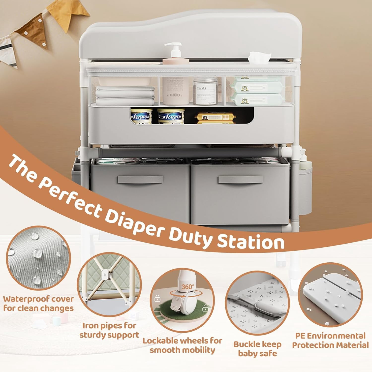 Multifunctional folding changing table with 2 drawers, portable baby changing station, includes toy shelf, mobile changing table and newborn compartment, height adjustable.