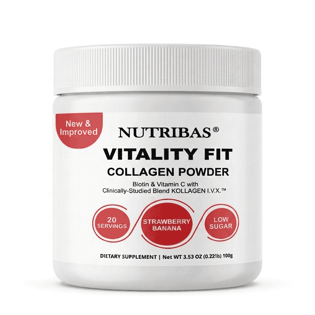 Nutribas Vitamin C Collagen Peptides Powder Keto & Gluten-Free, Hair Nails Skin Protein Supplement, Strawberry Banana, 3.53 oz