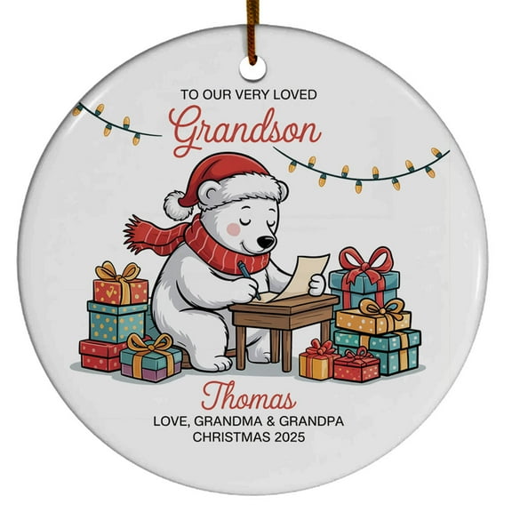 to Our Very Loved Grandson Polar Bear Christmas Ornament 2025, Customized Text Name Grandson Christmas Ornament Gift from Grandparents Grandma Grandpa