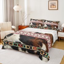 Manfei Geometric Aztec Queen Sheet Sets for Adult, Rustic Cow Print Flat Sheet, Western Bohemian Style Queen Fitted Sheet, Ultra Soft Home Decor, 4pcs