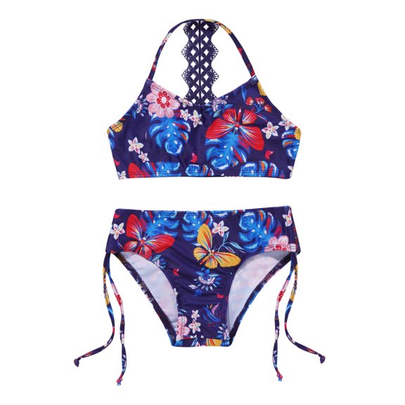 CHICTRY Kids Girls Two-pieces Swimsuit Floral Patterns Crop Top with Bottoms Bathing Suit Beach Pool Swimwear Navy Blue 14