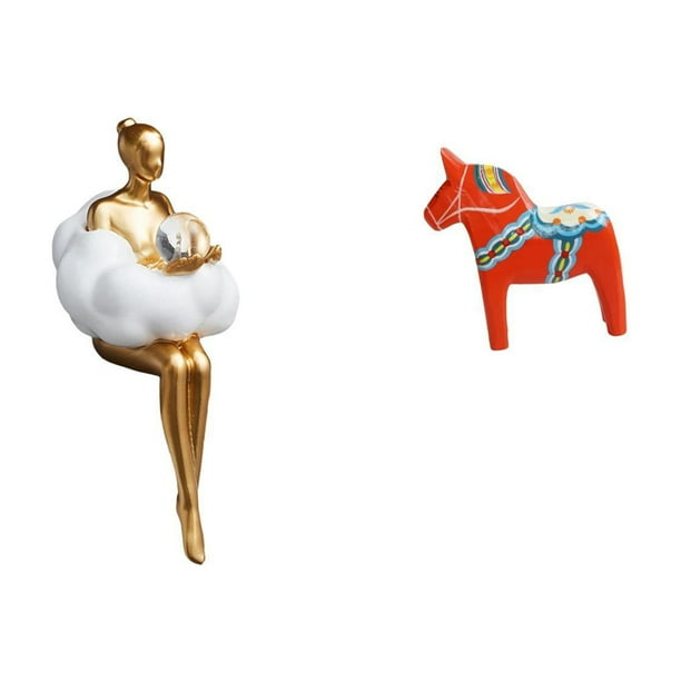 Figura de resina de una chica artística y un caballo de Dala sueco. Escultura abstracta coleccionable para estantería, armario o decoración del hogar.