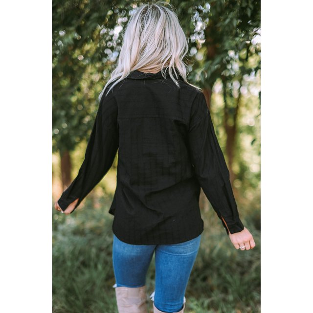 ABPHQTO Camisa de mujer de manga larga negra con bolsillo abotonado texturizado