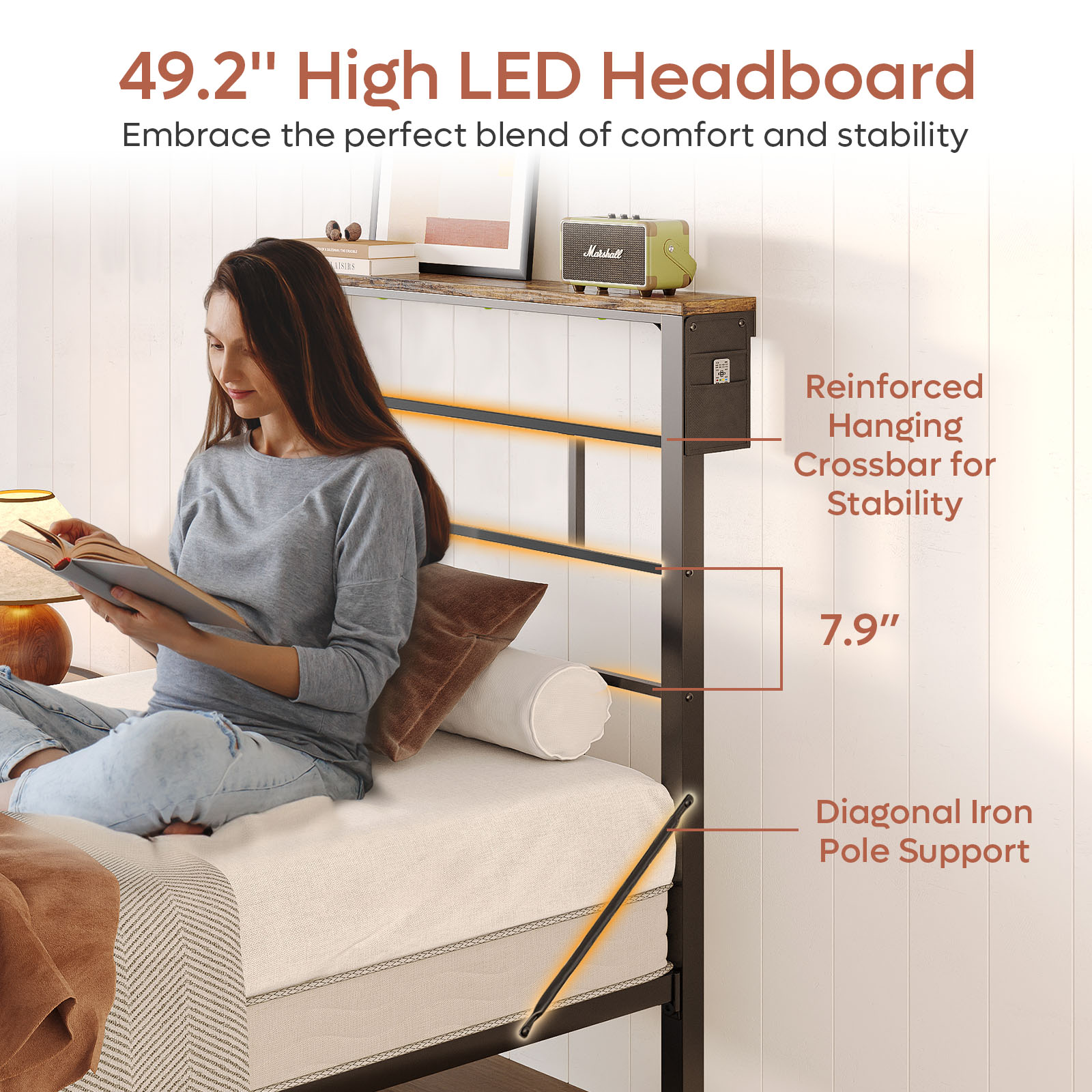 Bestier Twin Size Bed Frame with 49.2" High LED Storage Headboard Shelf, Metal Platform Bed, Black - image 3 of 9