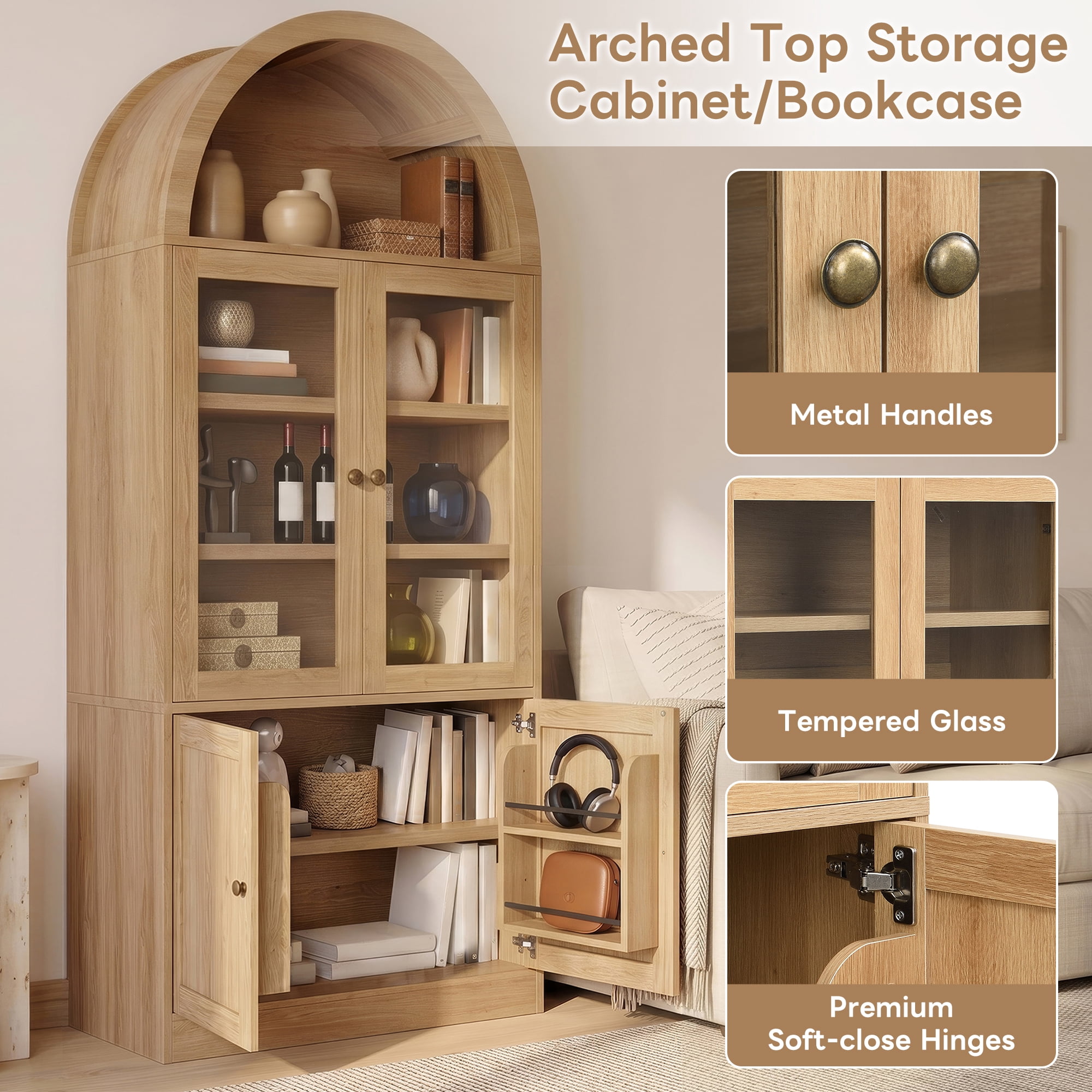 Mintazer Arched Top Tall Storage Cabinet, Display Bookcase with Glass Doors & 5-Tier Shelves, Farmhouse Freestanding Hutch for Living Room Dining Room Study, Natural