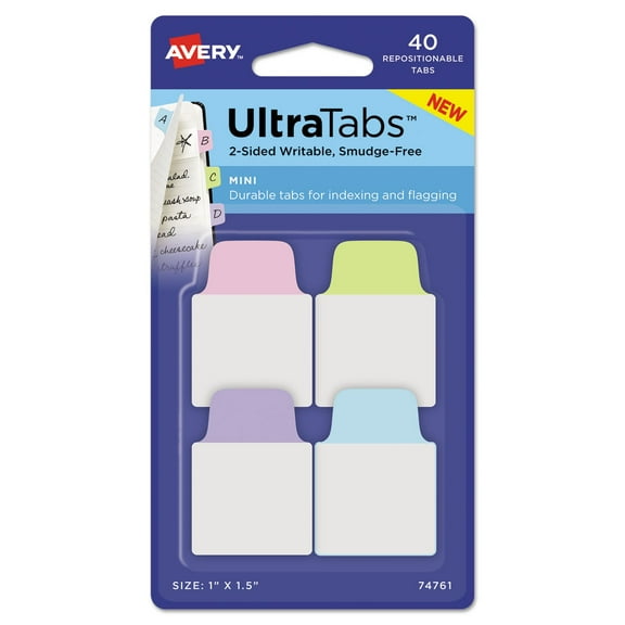 Avery Mini Ultra Tabs, 1" x 1.5", 40 Repositionable Mini Tabs, 2-Side Writable, Assorted Pastel Colors (74761)