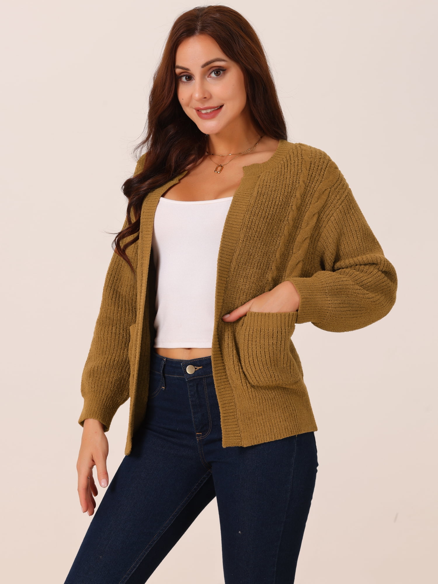 DARING DIVA Women's Open Front Knitted Casual Cardigan with Pockets S Brown
