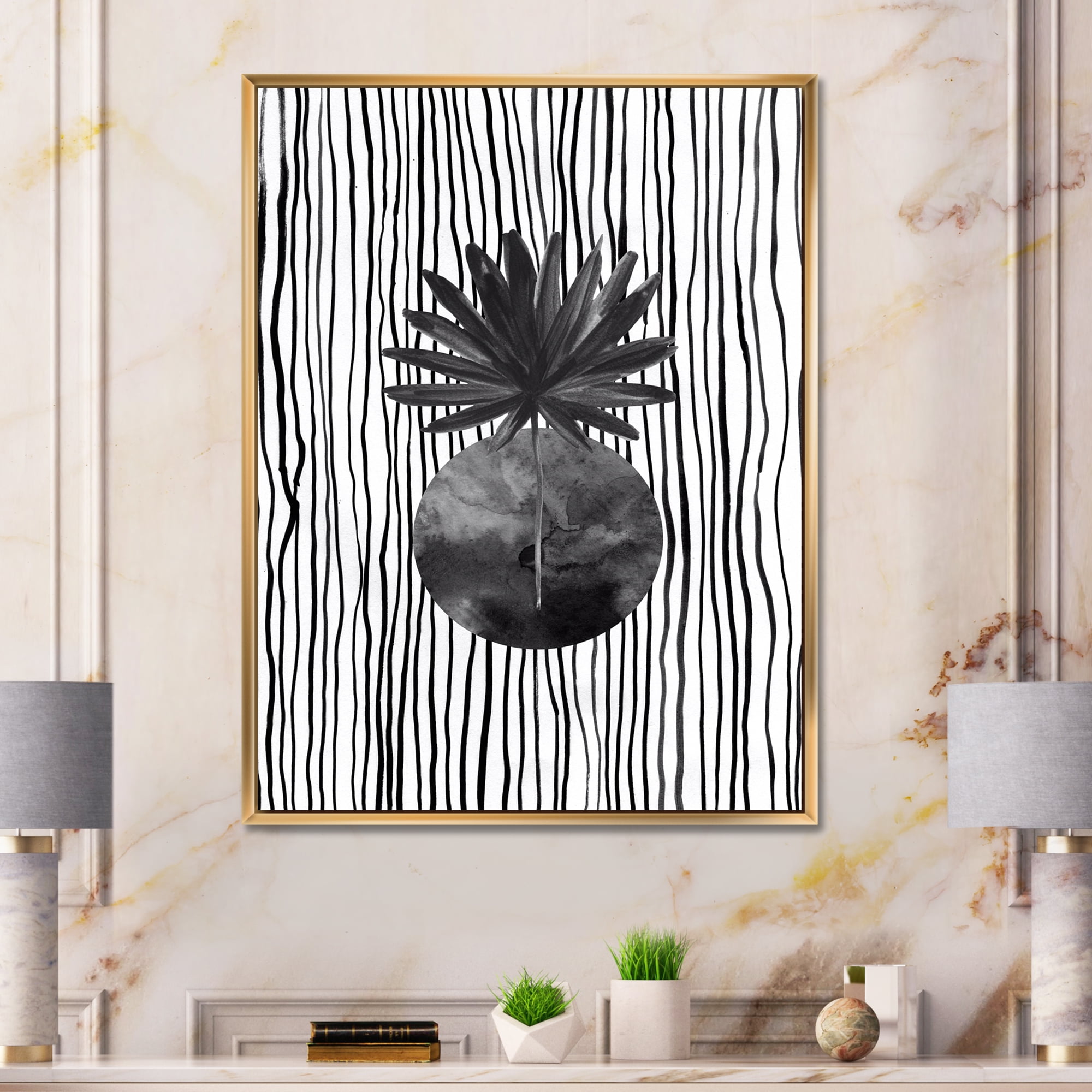 Designart 'Black and White Striped Under Tropical Leaf I' Modern Framed Canvas Wall Art Print