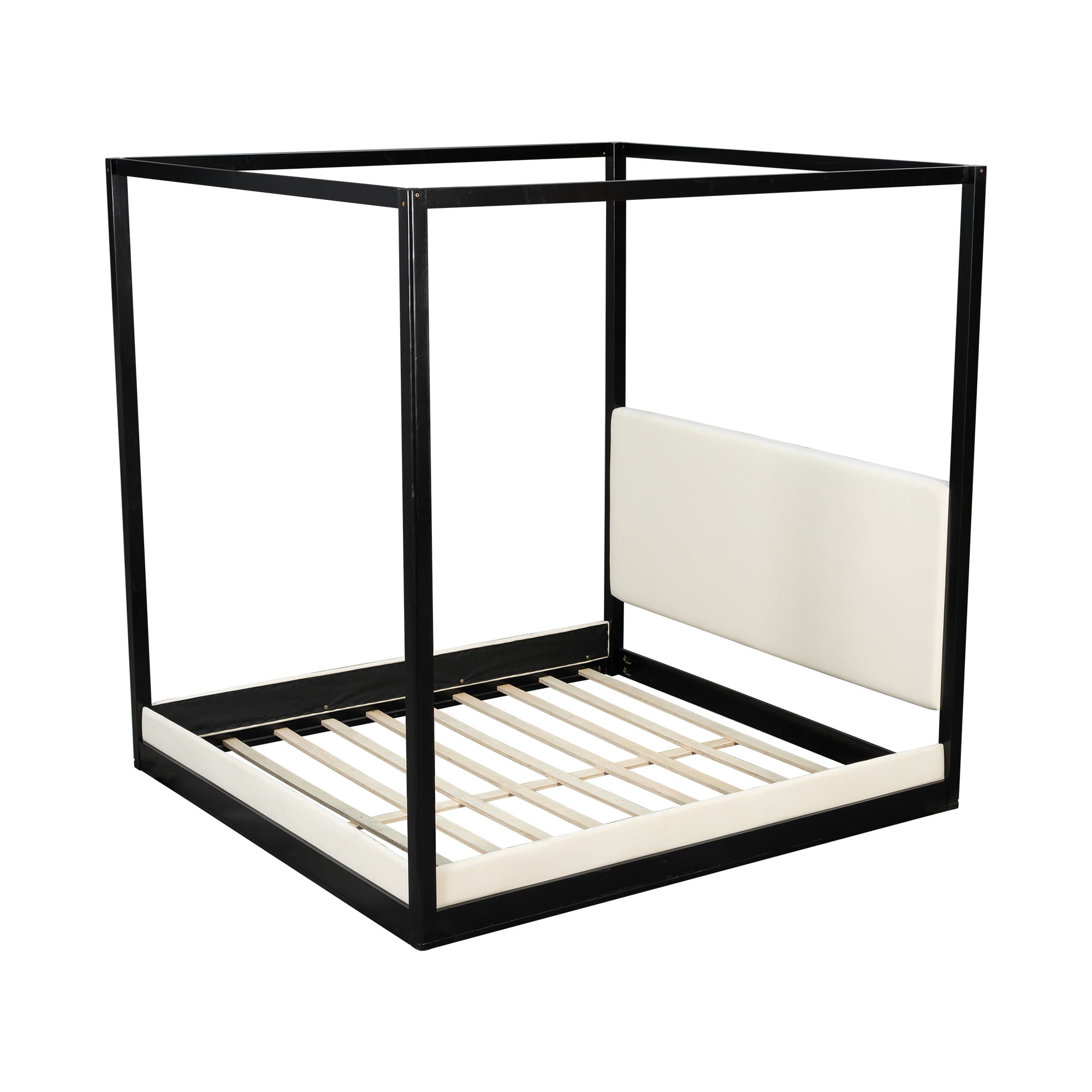 Euroco Wood King Size Canopy Bed with Upholstery Headboard, Black