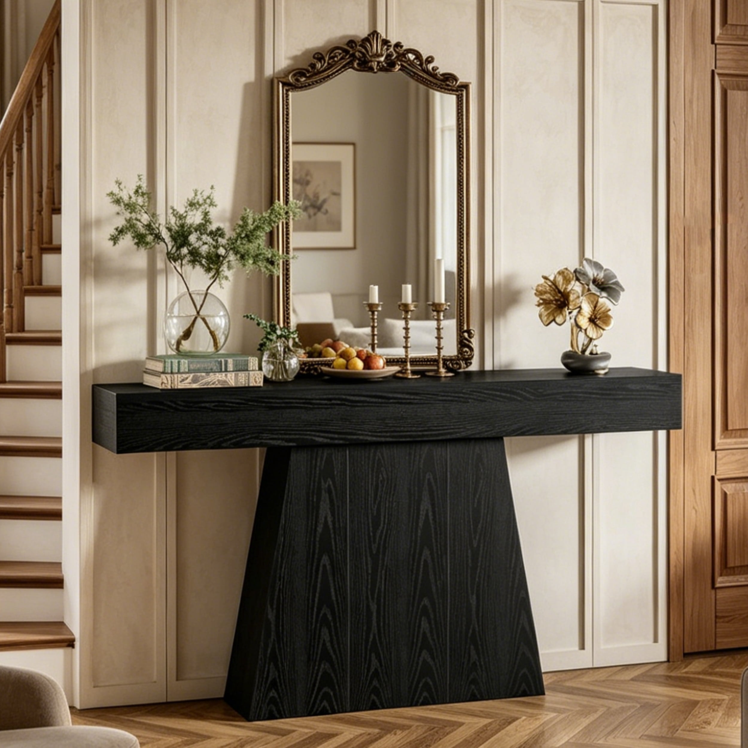 Fnova 63" Farmhouse Console Table, Narrow Wooden Entryway Table, Geometric Base Sofa Table for Living Room, Hallway, Black
