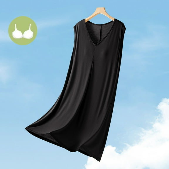 Fazvaoo Women Nightgowns Sleeveless V-Neck Padded Long Sleepwear Loose Comfortable Plain Pajama(Black,Size L-XL)