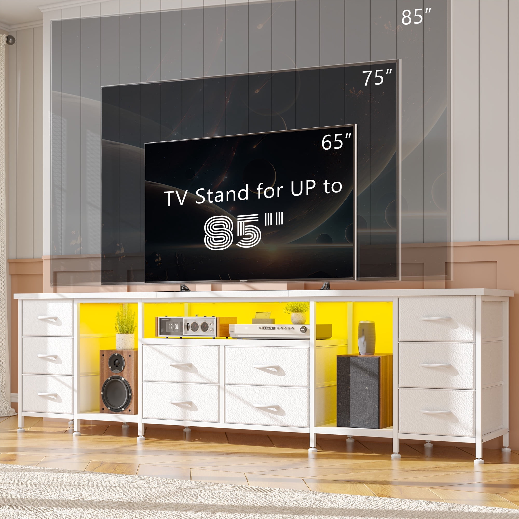 EnHomee TV Stand Dresser for 75 80 85 Inch TV Dressers for Bedroom with LED lights & Power Outlets TV stand with 10 Fabric Drawers and Entertainment Center,White