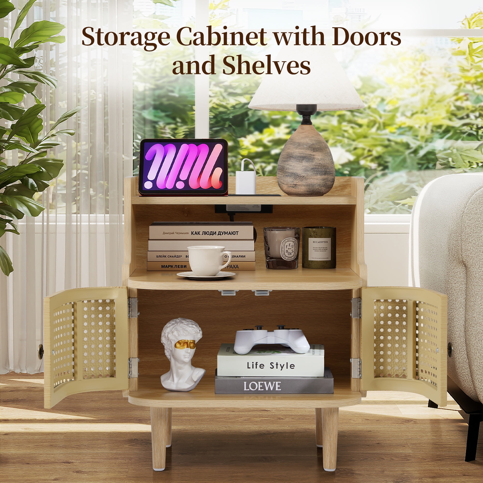YOCWO Large Storage Nightstand with Charging Station Iron Rattern Pattern, Farmhouse Square End Table with 2 Door and Open Shelf for Bedroom Living Room, Natural