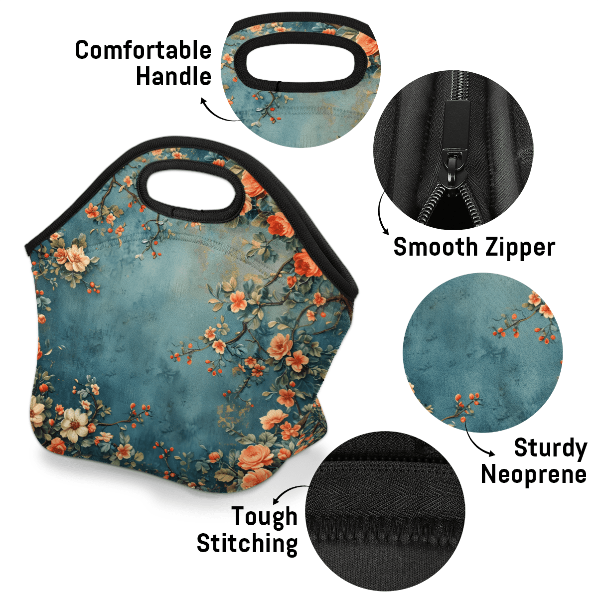 Herdesigns Vintage Floral Neoprene Lunch Bag, Flowers Insulated Lunch Box for Women Men Washable Lunch Tote Soft Lunch Container With Zipper for Work Picnic Travel