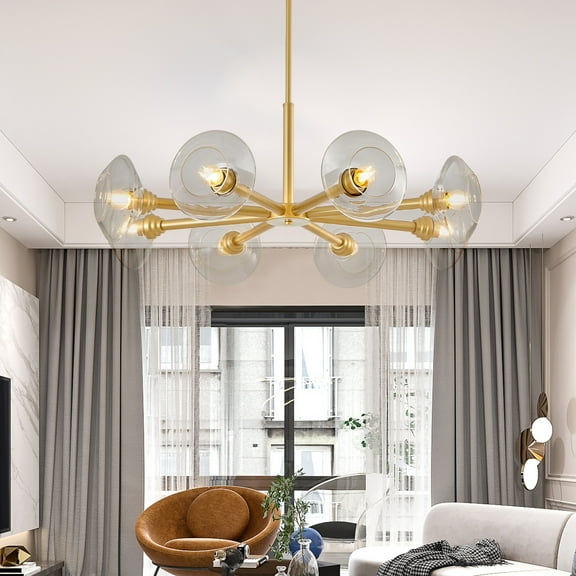Mid-Century Modern Gold 8-Light Adjustable Chandelier with Clear Glass Shades, Versatile Pendant Lighting for Dining/Kitchen/Living Spaces (Bulbs Not Included)