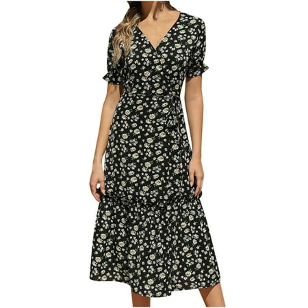 

Floleo Women s Dress Clearance Fall Summer Fashion Causual V-Neck Chiffon Floral Boho Beach Short Sleeve