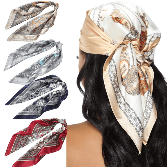 4Pcs 23” Satin Bandanas for Women Head Scarf Like Silk Scarf for Hair Scarf Satin Neck Scarf Silk Hair Bandana Headscarf