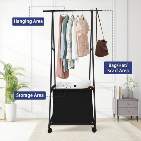 Clothes Rack with Large Storage Bag Removable Clothes Organizer Stand on Wheels 2-in-1 Freestanding Triangle Garment Rack Rolling Clothes Storage Cart for Bedroom Laundry Room, Black