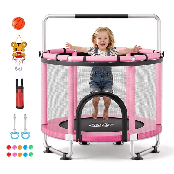VEVOR 55" Trampoline for Kids, 4.6 FT Toddler Mini Trampoline, 132 lbs Indoor Outdoor Play Toys with Enclosure Net and Adjustable Gymnastics Bar, Christmas Toys Birthday Gifts for Girls Boys