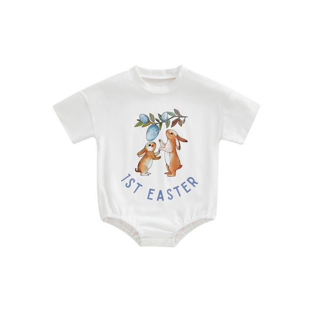 Faithtur Combinaison de Pâques pour Bébé, Barboteuse à Manches Courtes à Col Rond avec Imprimé de Lettres Rabbit de Style Dessin Animé pour Garçons et Filles, 0-18 Mois