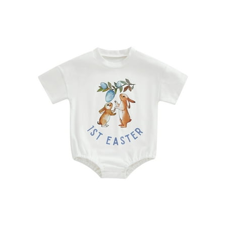 

Meihuida Infant Baby Easter Jumpsuit Cartoon Rabbit Letter Print Short Sleeve Round Neck Romper for Boys Girls 0-18 Months